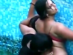 Indian aunt in pool bra and g-string