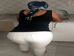 Turkish woman in white tights, thin stocking, hijab