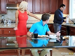 A chick and her hot mom have a threesome with a suspended stud