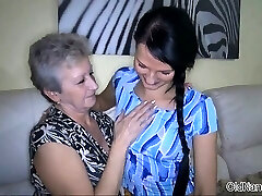 Dirty older woman sucks on tits