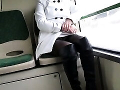 Greatest Mom Flashing on Bus Boots Stockings. See pt2 at goddess