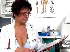Fatty fellow ejaculates a lot of ball butter on hot legs milf nurse Maya