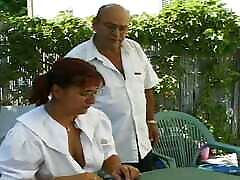 Old French woman getting smashed by two mature cocks