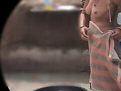 In the open bathroom, the stepsister opened all the clothes and started bathing in tights, was a very beautiful, my bath was wat