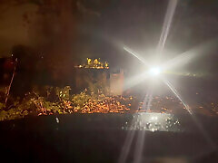 Wanking japan in pool barefoot in road . Hiding in the field and infront of car so not caught by traffic