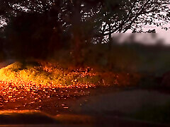 Masturbating naked outside of car , hiding behind a rock when cars pass by