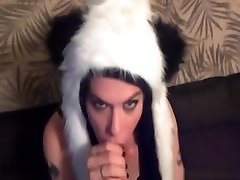 super skinny old girl in panda outfit sucks cock and swallows