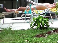 Hot neighbor babe, named Nikki, loves to tan mini skirt anals in the backyard