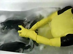 Girl in yellow ass thresome uniform has orgasm in bathroom