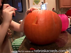 Naked Pumpkin Carving Brunette With Perfect Clam