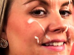 Nasty bombshell gets cum shot on her face swallowing all the
