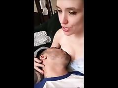 Sweet wife breastfeeds her husband until she cums