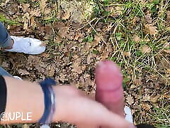 Intense gagging shy wife vs gangbang10 in the park while people walk by