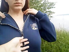 Touching my girlfriend’s big tits in the woods