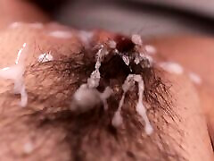 Close up beautiful hairy pussy fuck and cumshot with loud moaning female orgasm