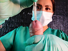 Edging and Sounding by sadistic nurse with latex student public train DominaFire