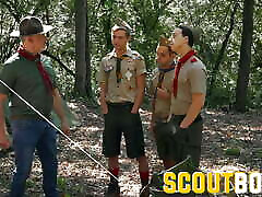 ScoutBoys - hot hung Scoutmaster barebacks 3 smooth Boy Scouts in tent